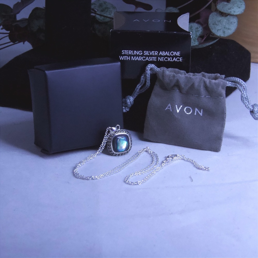 Avon Sterling Silver Abalone Shell Marcasite Pendant and Necklace NIB 925